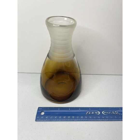 Mid Century Modern Ombre Amber Hand Blown Glass Vase Frosted Robbed Neck - Picture 4 of 9